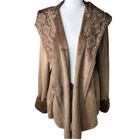 sweet jane Jackets & Blazers - Sweet Jane Embroidered Hooded Faux Suede Fleece Lined Open Front Jacket Coat